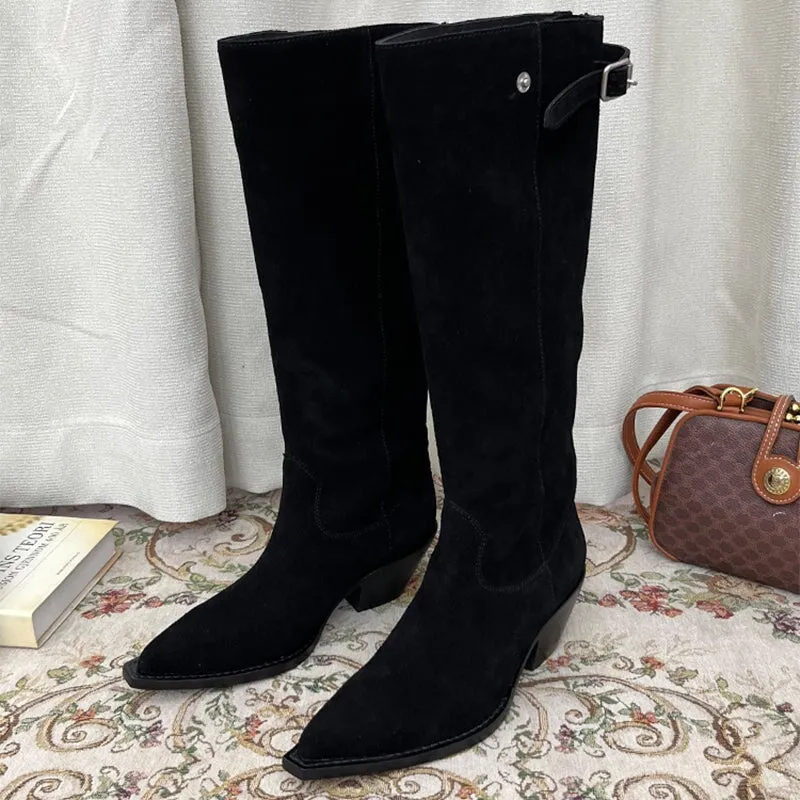 Retro Suede Leather Western Boots - Women Knee-High Boots Dark Brown/Light Brown/Black