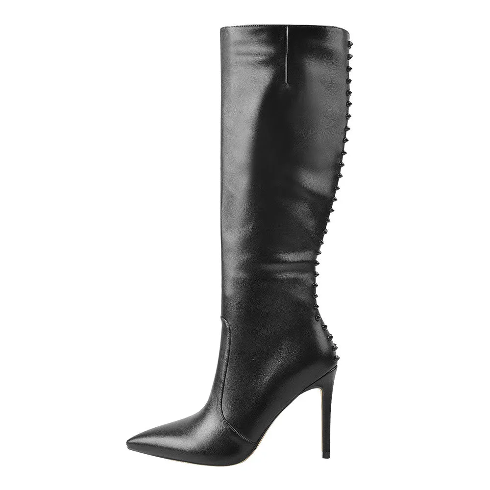 Rivet Pointed Toe Stiletto Knee High Boots