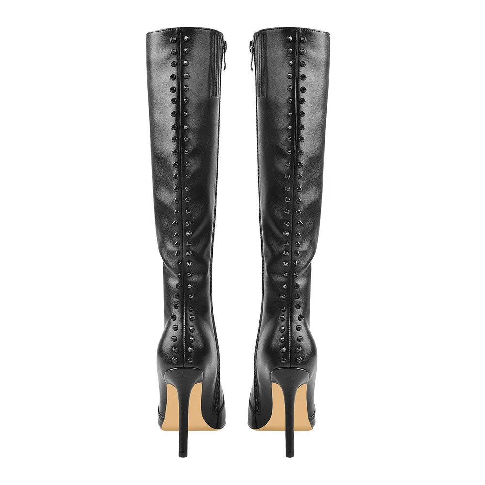 Rivet Pointed Toe Stiletto Knee High Boots