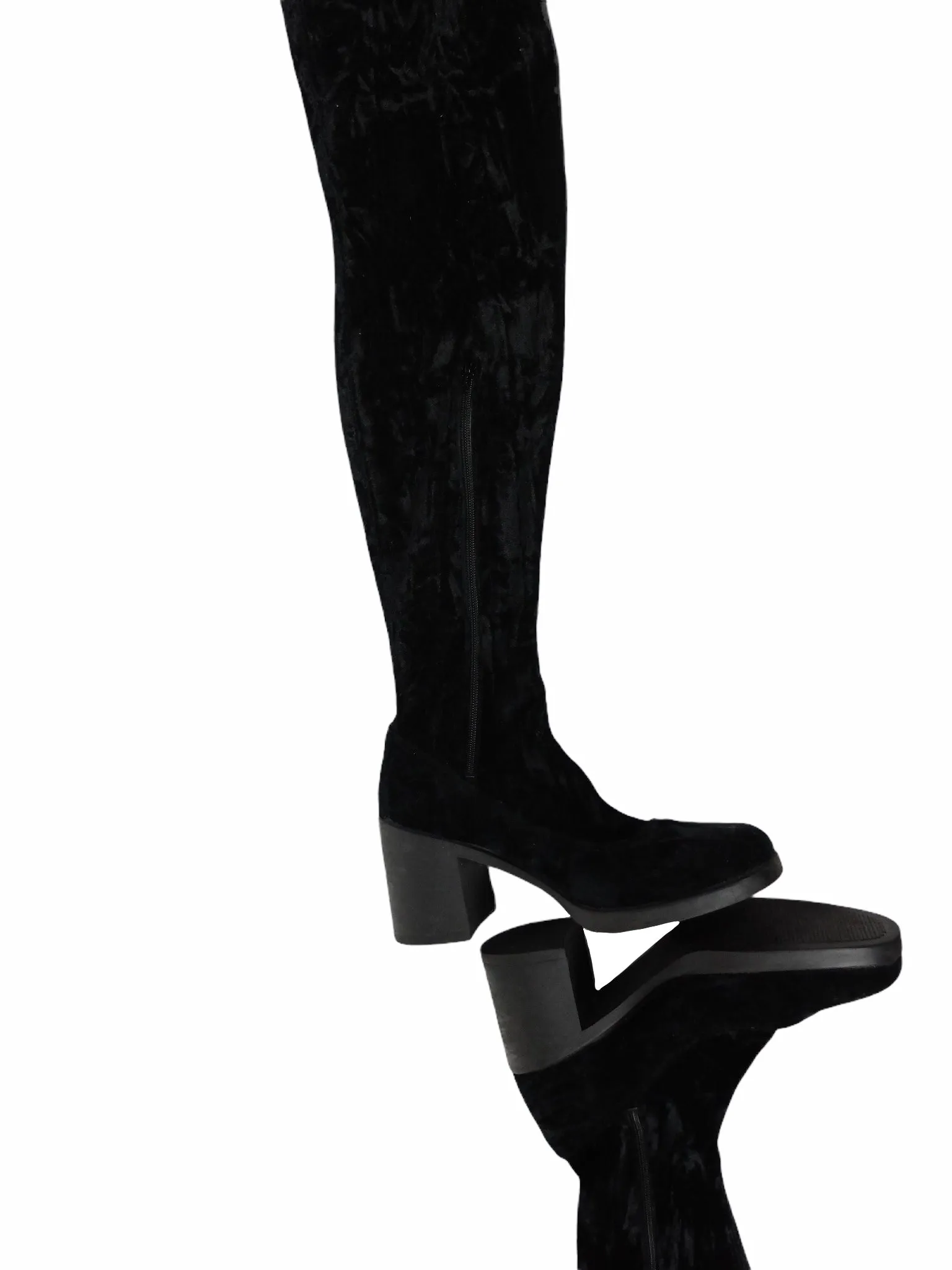 Vintage 90s Y2K Grunge Black Crushed Velvet Over-the-Knee Heeled Boots