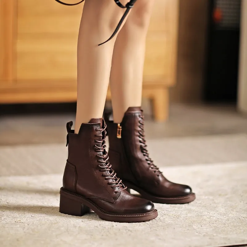 Women Biker Boots Lace-Up Combat Boots Retro Short Boots 60mm Block Heel in Black/Brown