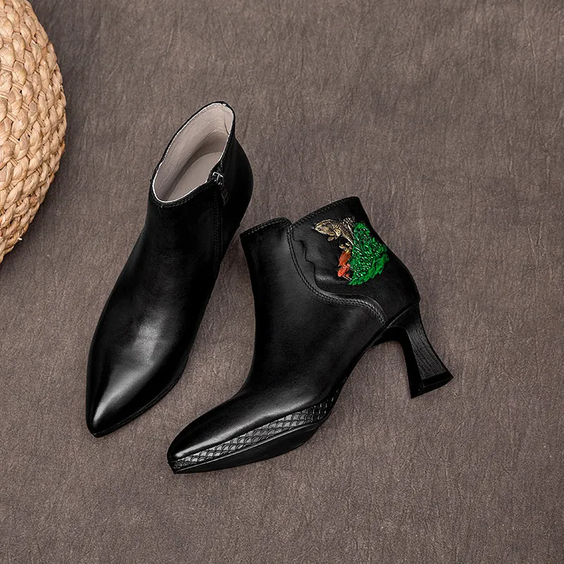 Women's Genuine Cow Leather Short Boots With Embroidery Flowers in Black