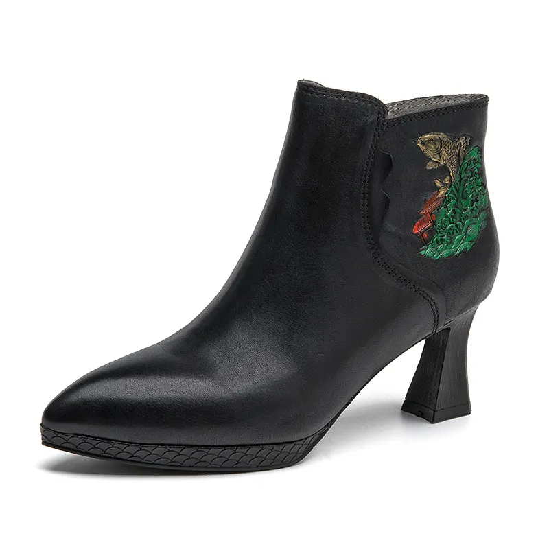 Women's Genuine Cow Leather Short Boots With Embroidery Flowers in Black