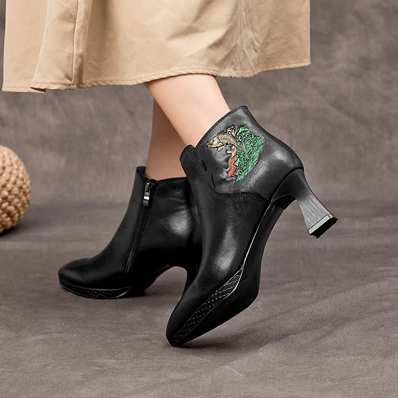 Women's Genuine Cow Leather Short Boots With Embroidery Flowers in Black